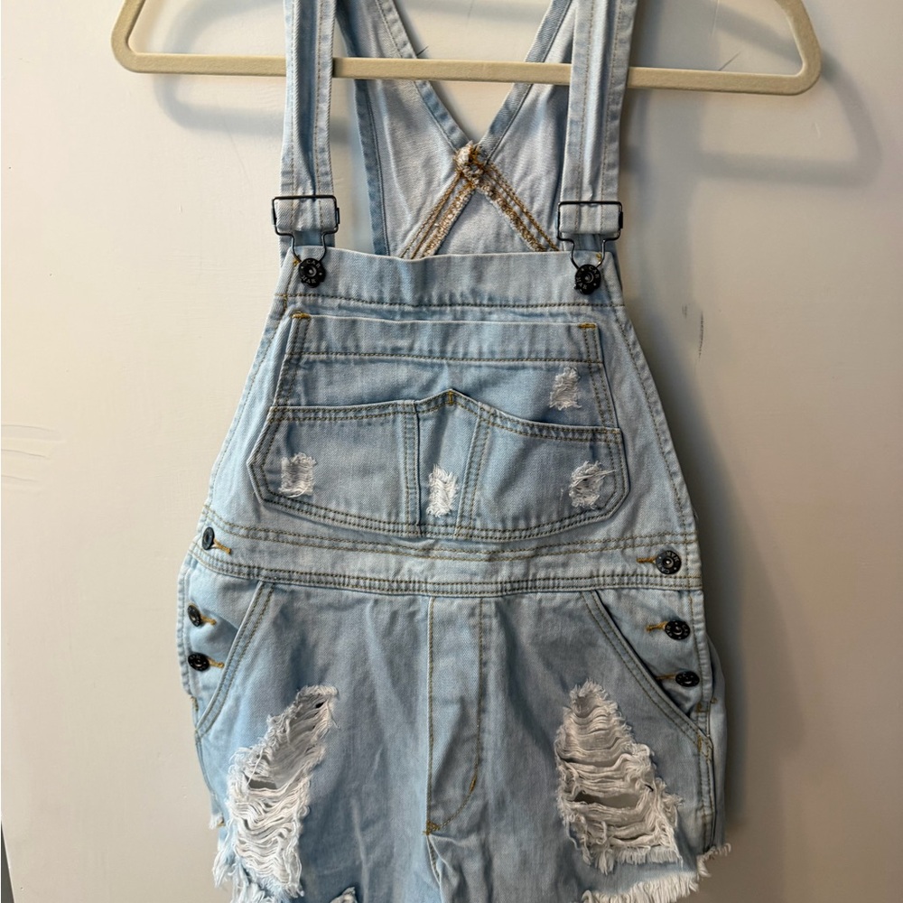 CARMAR Distressed Denim Short Overalls Romper Light Wash Size Small